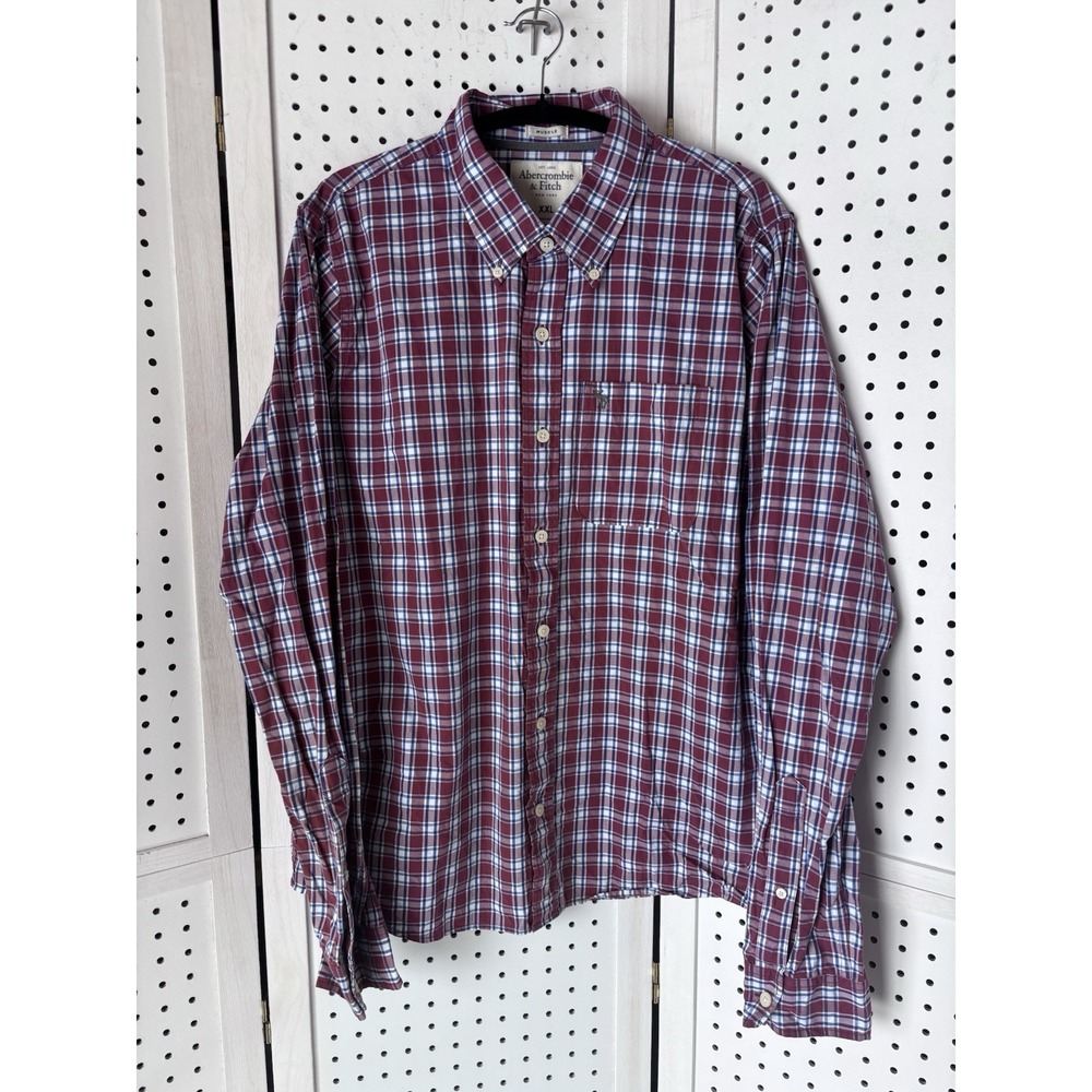Abercrombie &‎ Fitch Muscle Men's XXL Plaid Button Down Shirt Maroon Blue Cotton